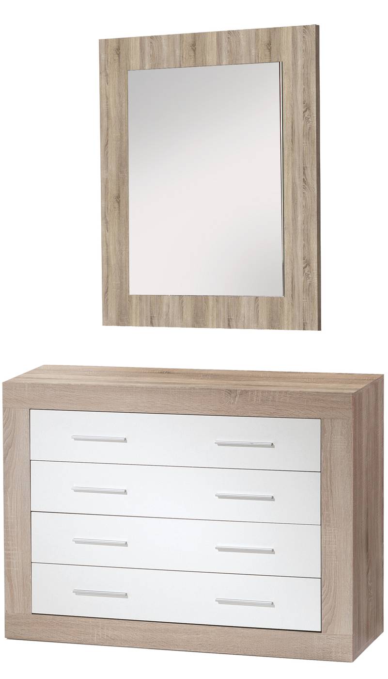 Cómoda de 4 cajones con guías metálicas, de color blanco o roble danés combinado con blanco